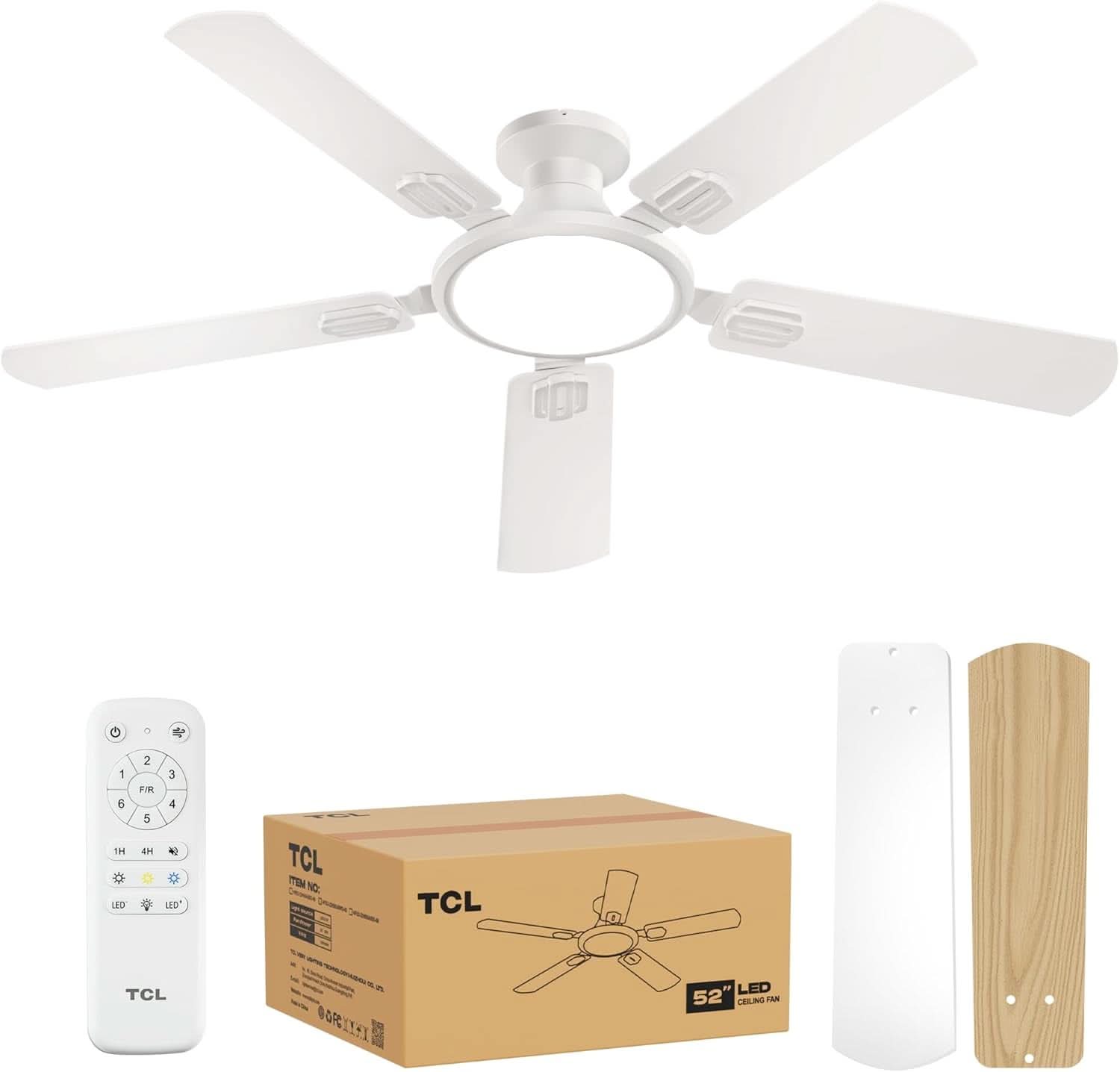 52 Inch White Flush Mount Ceiling Fan With LED Light