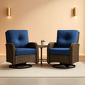 Patio Wicker Swivel Rocker Chairs Set Of 2 With Glass Top Side Table Brown Blue