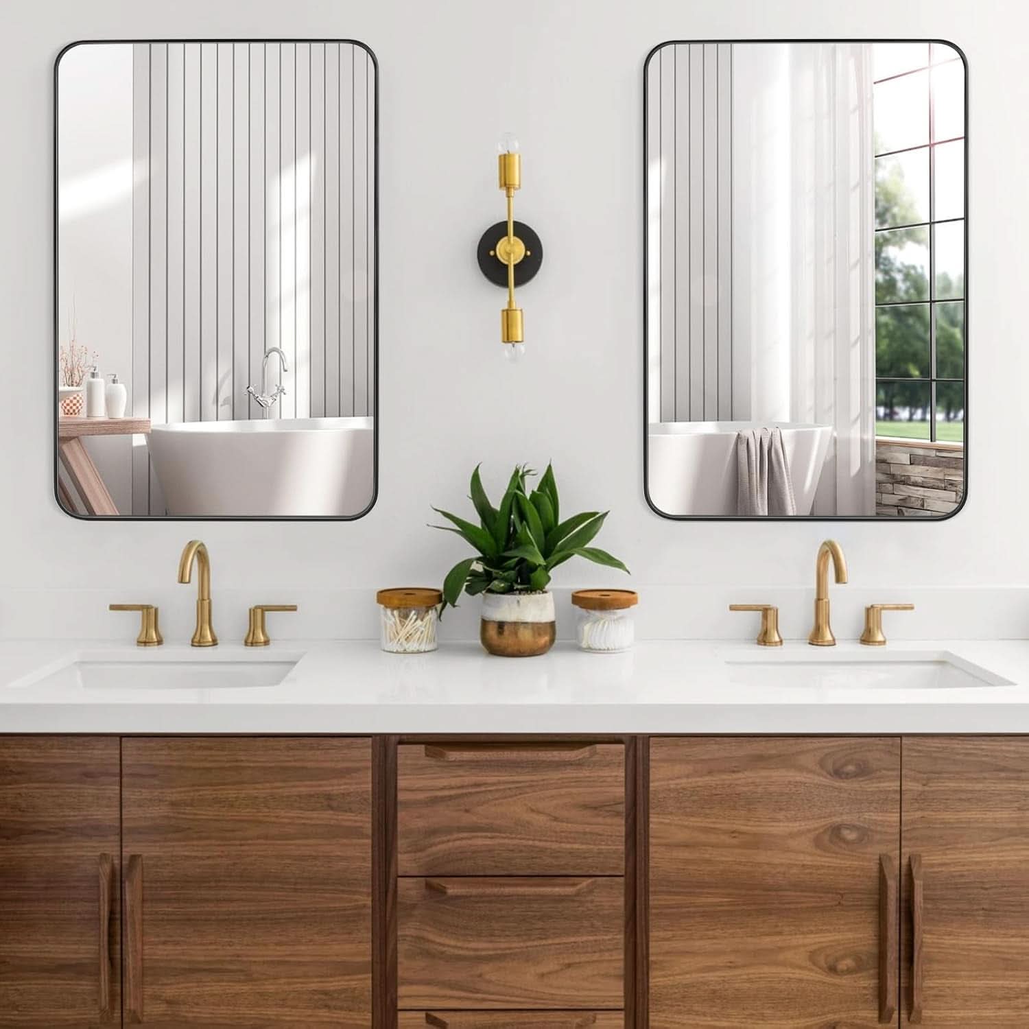 24x36 Inch Black Rounded Rectangle Bathroom Mirror With Anti Rust Stainless Steel Frame
