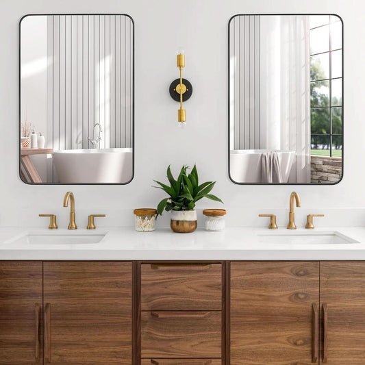 24x36 Inch Black Rounded Rectangle Bathroom Mirror With Anti Rust Stainless Steel Frame
