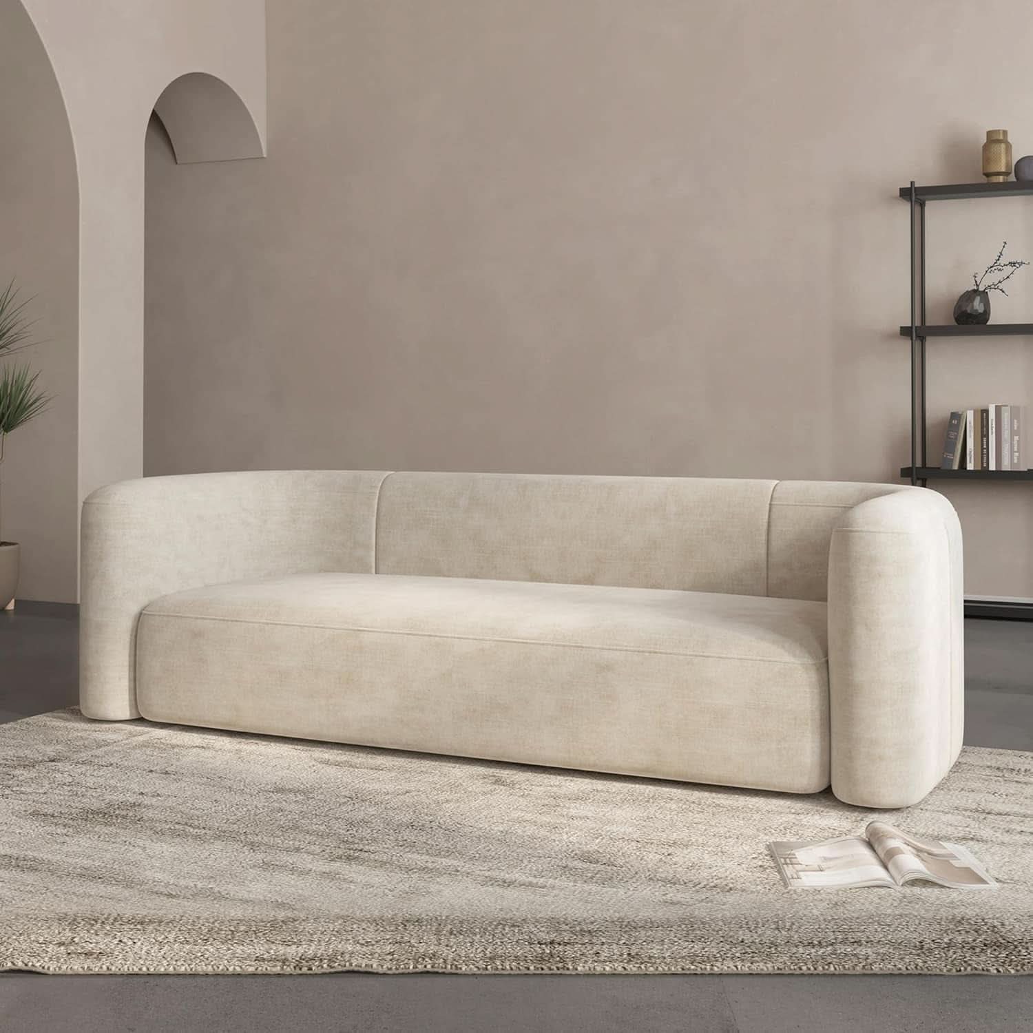 Cream Velvet 3 Seater Modern Sofa With Curved Backrest