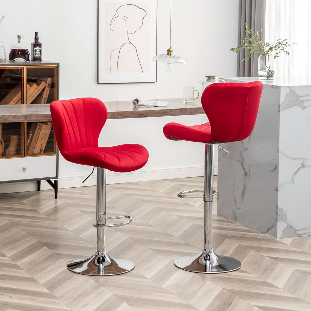 Velvet Adjustable Swivel Bar Stool Set Of 2 In Red