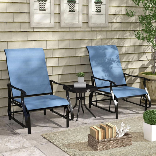 Light Blue Outdoor Glider Set With Steel Frame Glass Table