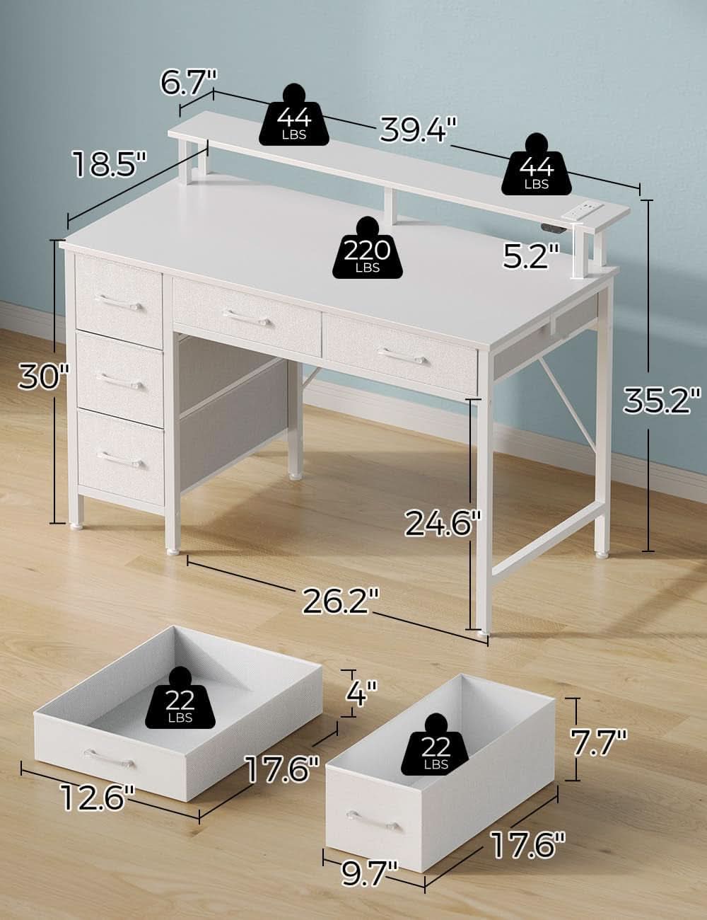 39 Inch Computer Desk Power Outlets LED Light White