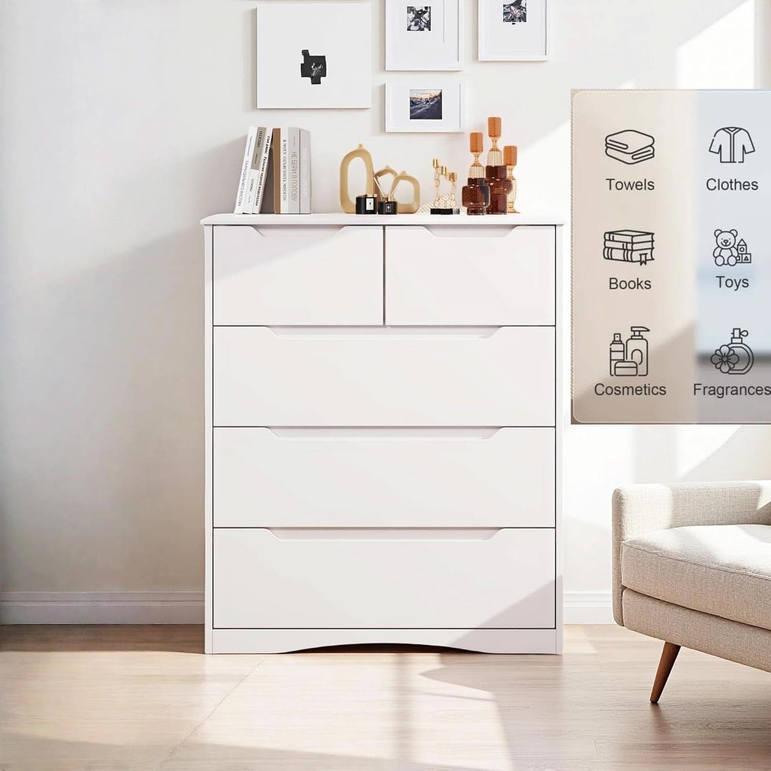 White Five Drawer Dresser With Premium StorageSpace