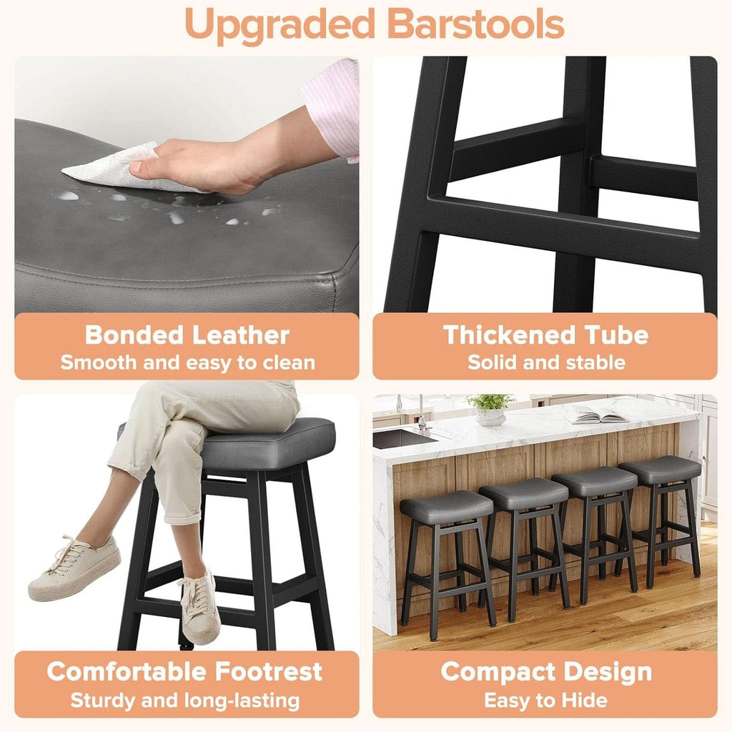 29 Inch Bar Stools Set of 2 All Black Bonded Leather Saddle Seats With Heavy Duty Metal Legs