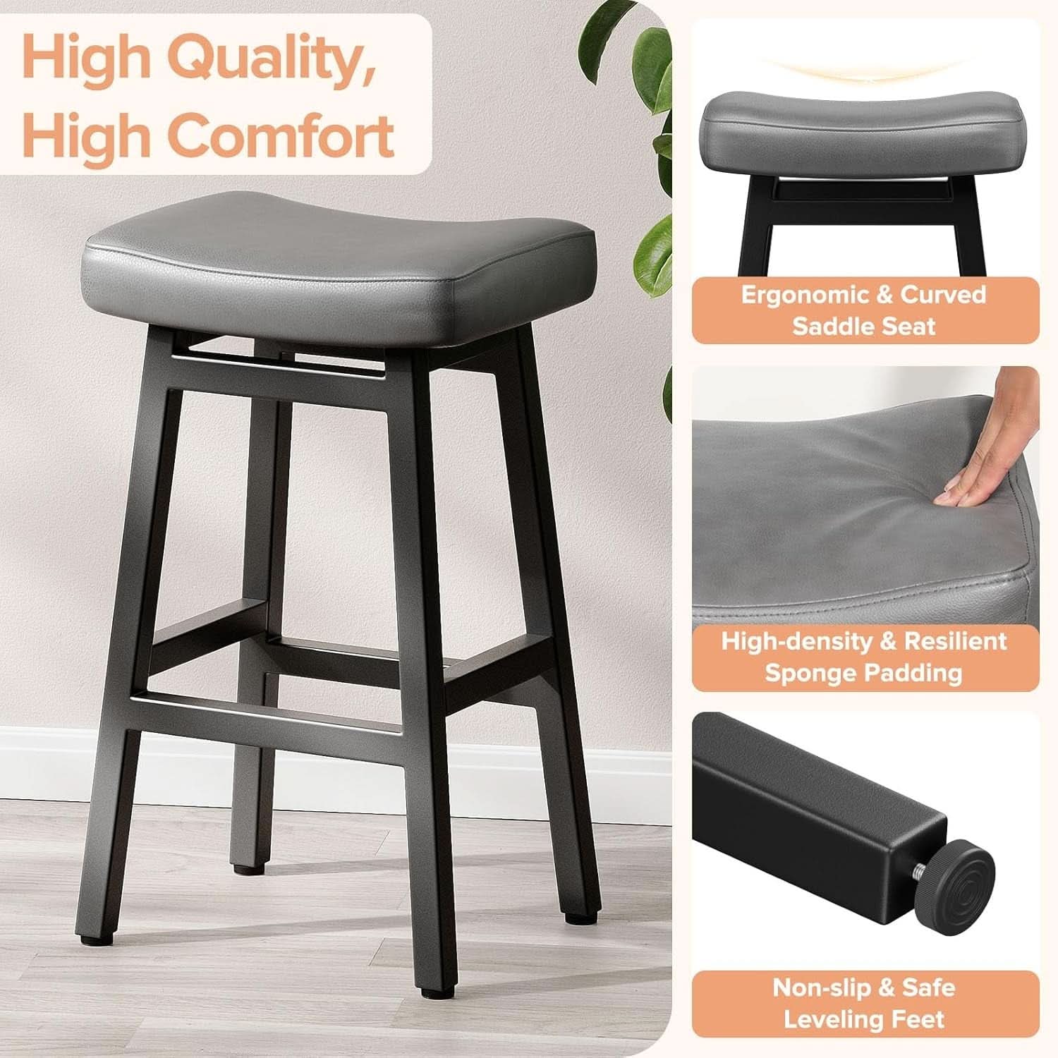 29 Inch Bar Stools Set of 2 All Black Bonded Leather Saddle Seats With Heavy Duty Metal Legs