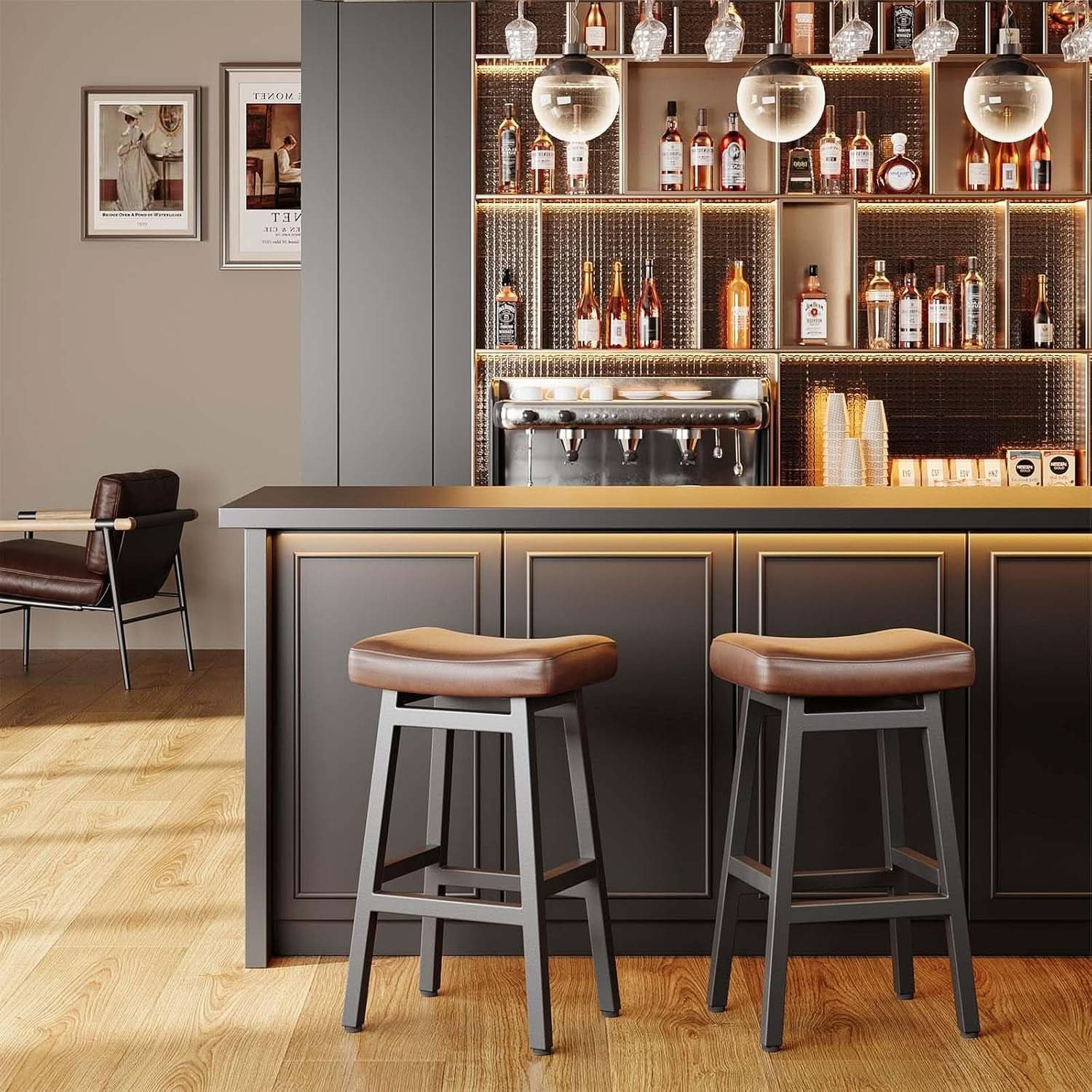 29 Inch Bar Stools Set of 2 All Black Bonded Leather Saddle Seats With Heavy Duty Metal Legs