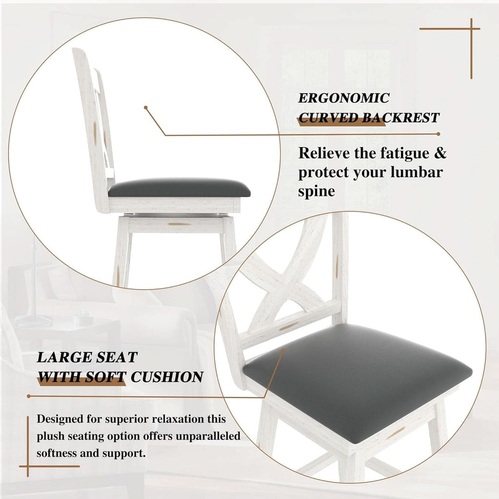 29 Inch Swivel Bar Stool With Grey Faux Leather Upholstery Antique White Wood Frame And Solid Wood Footrest Set Of 2