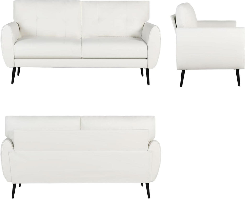 White Leather Loveseat Mid Century Modern Button Tufted