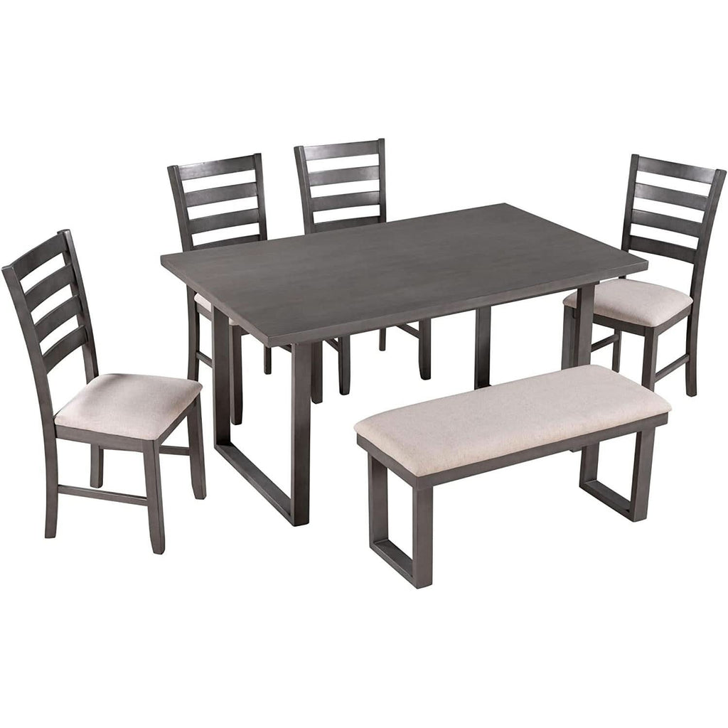 6 Piece Rustic Wood Dining Set With Bench And Chairs