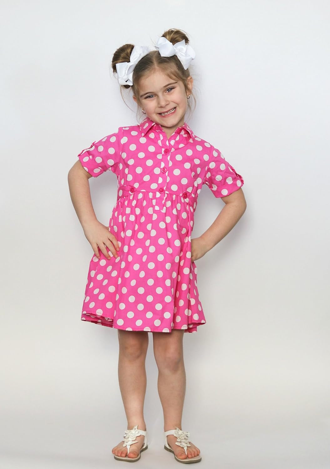 - Toddlers and Girls Light Cotton Sweetheart Shirt Dress in Polka Dot Pink 4T