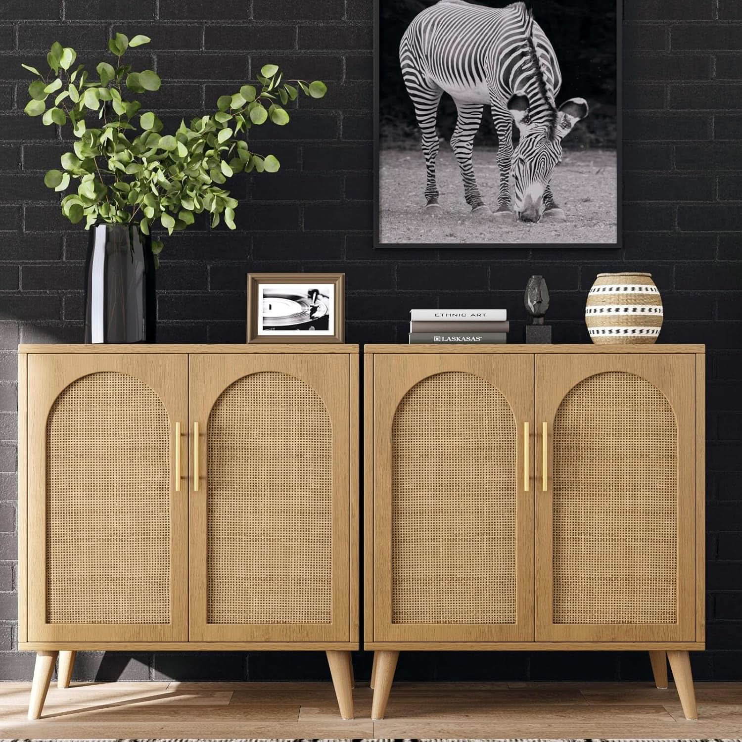 Natural Rattan Storage Sideboard Cabinet With Adjustable Shelves