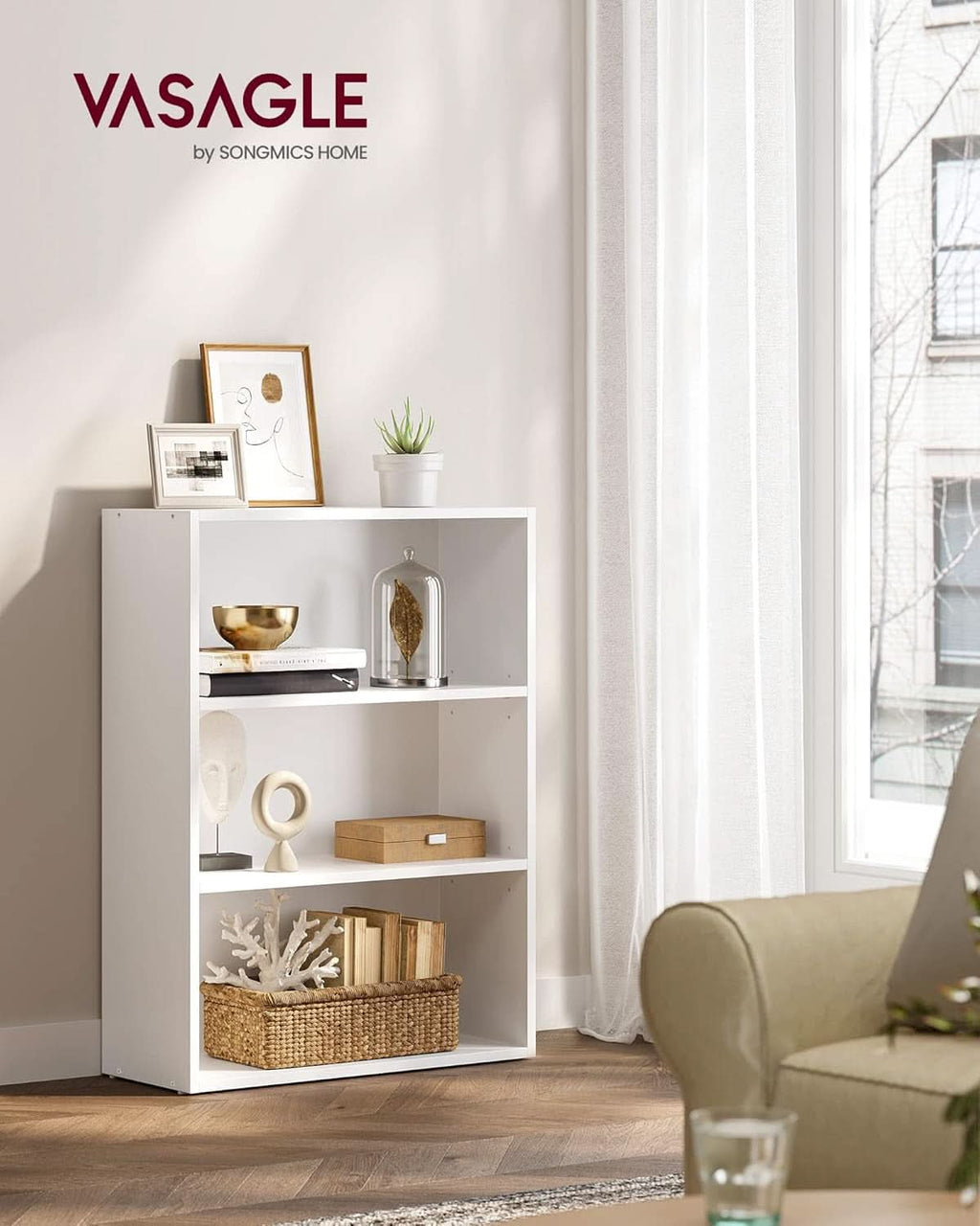 Cloud White 23.6 Inch Wide Three Tier Open Bookshelf