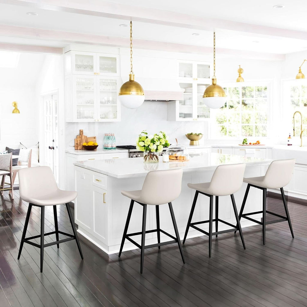 24 Inch Faux Leather Bar Stool Set of 3 With Back and Footrest, Antique White for Kitchen Island
