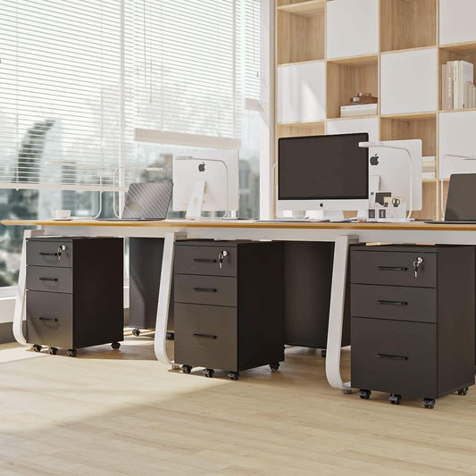 3 Drawer Wood Mobile File Cabinet With Wheels Black Under Desk Office Storage For Home Office Use
