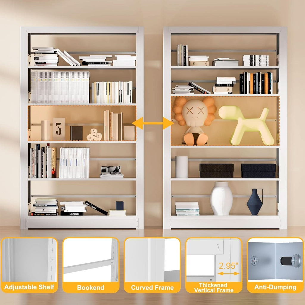 5-Tier White Metal Bookshelf With Adjustable Shelves