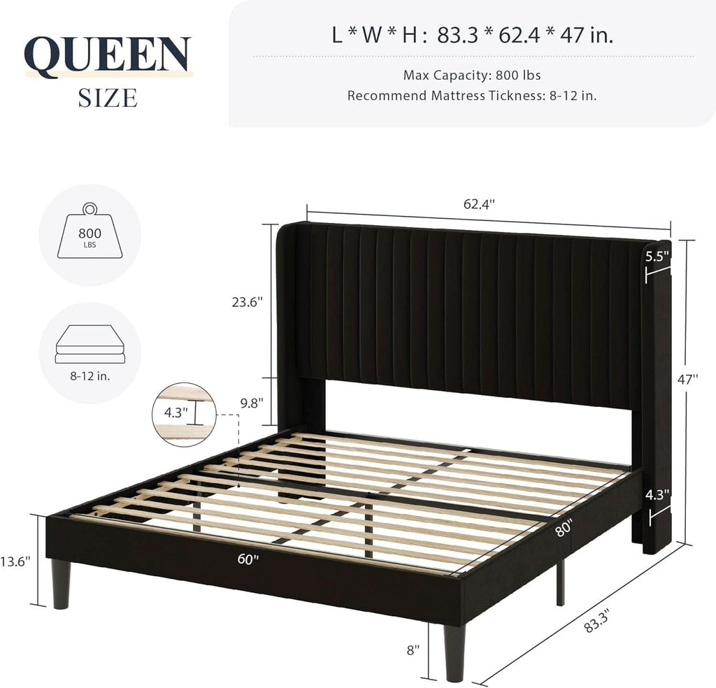 Queen Size Velvet Bed Frame With Wingback Headboard Storage