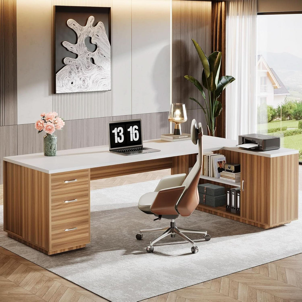 85 Point 8 Inch L-Shaped Executive Desk White Walnut Storage Cabinet