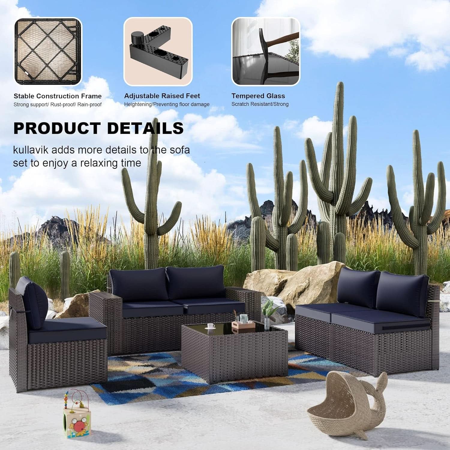 Navy Blue 6 Piece Outdoor Patio Sectional Sofa Set With PE Rattan