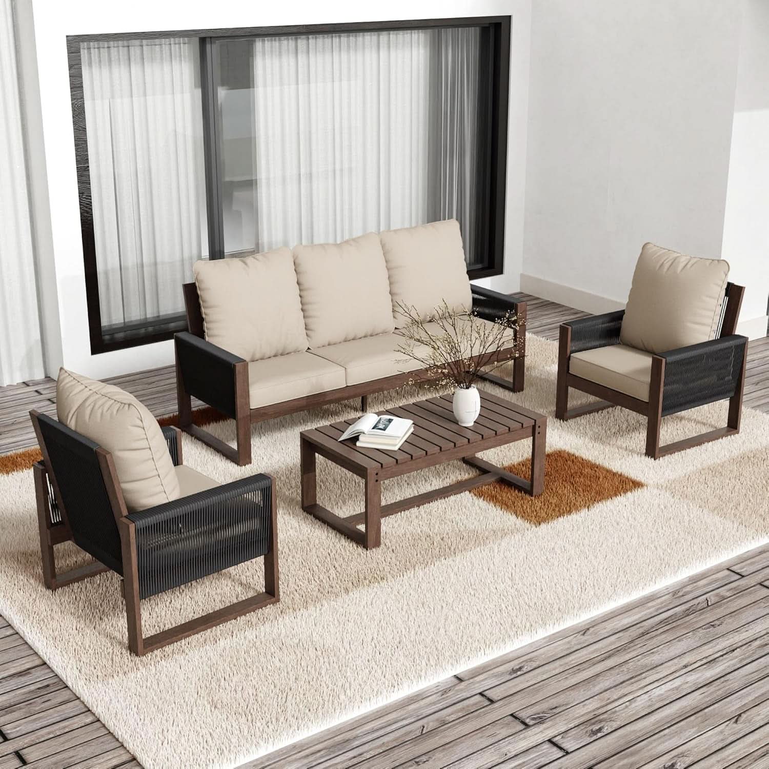 Wooden Outdoor Furniture Set with Comfortable Wicker Chairs