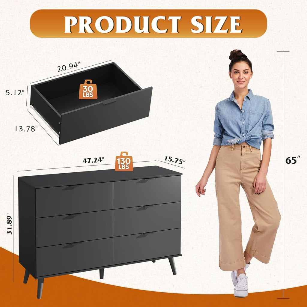 Black 47 Inch Dresser With Six Drawers Storage Options