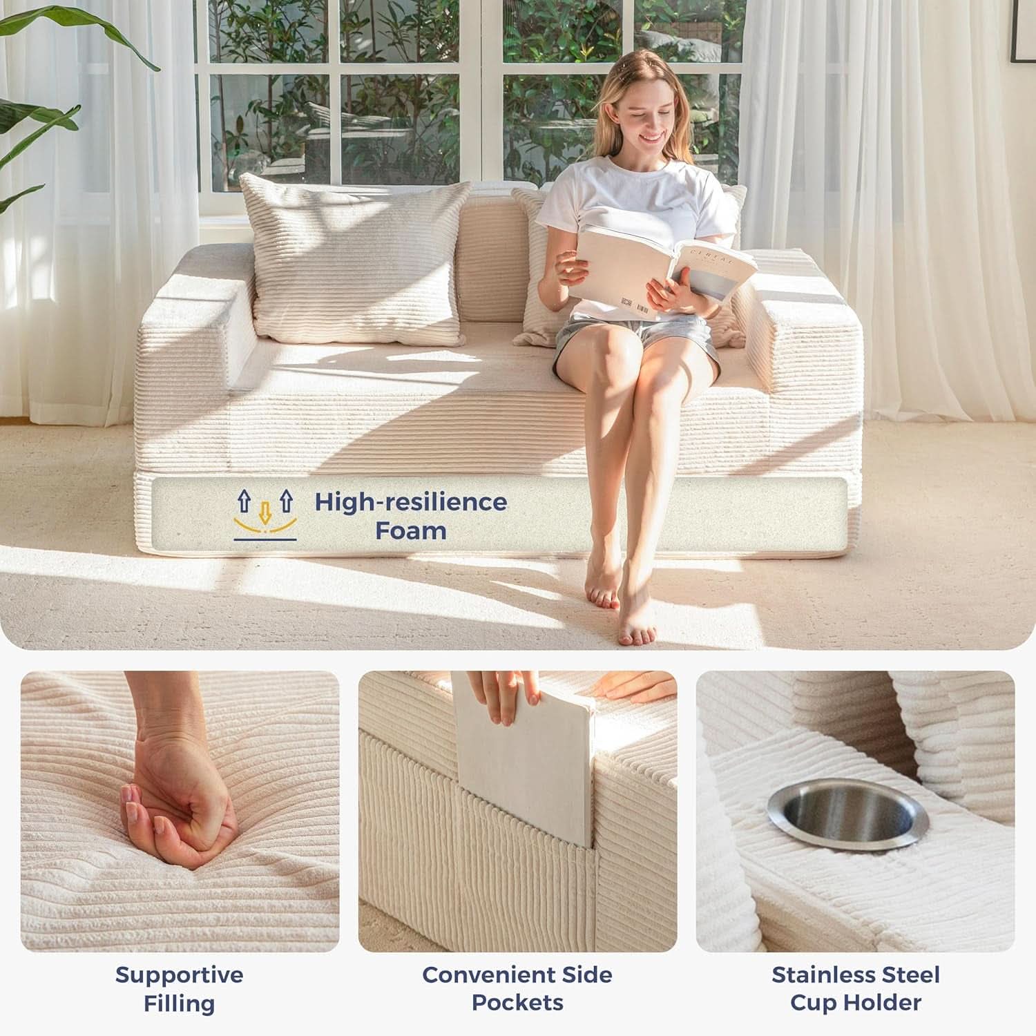 Beige Foldable Convertible Sleeper Sofa With CupHolders