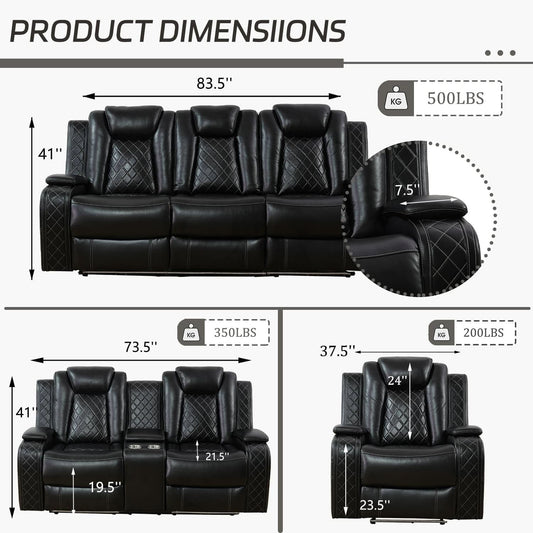 Leather Power Recliner Sofa Set With LED USB Ports Black