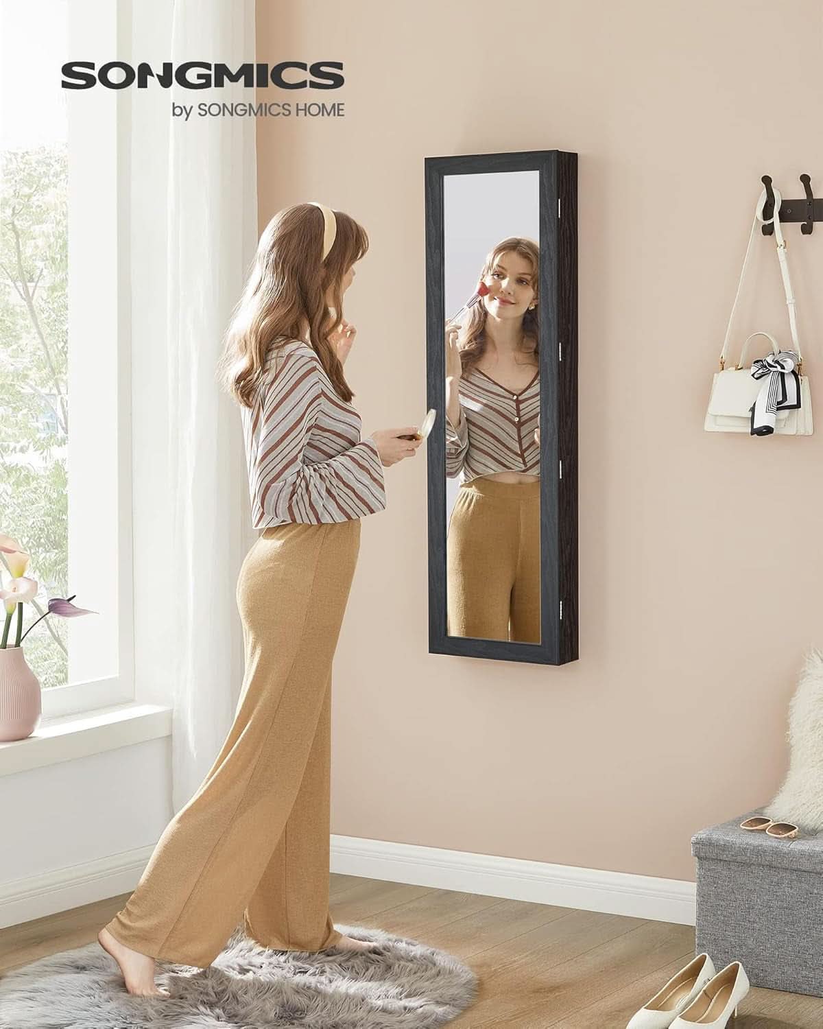 47.2 Inch Tall Black Lockable Mirror Jewelry Cabinet