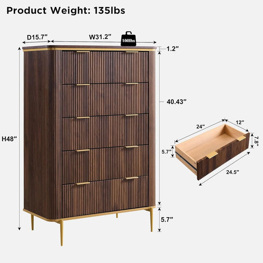 Fluted Five Drawer Dresser Contemporary Dark Walnut
