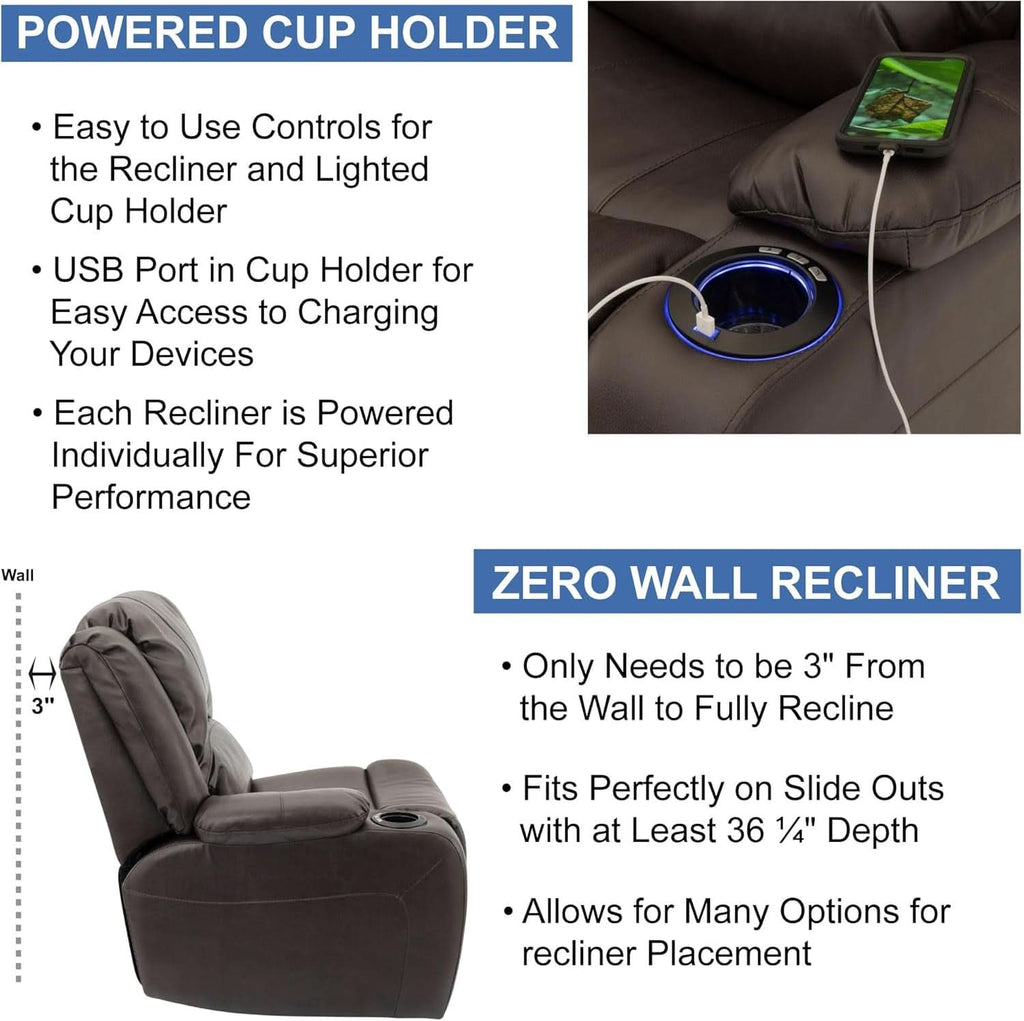 Powered Wall Hugger RV Recliner Sofa Loveseat 67In Chestnut
