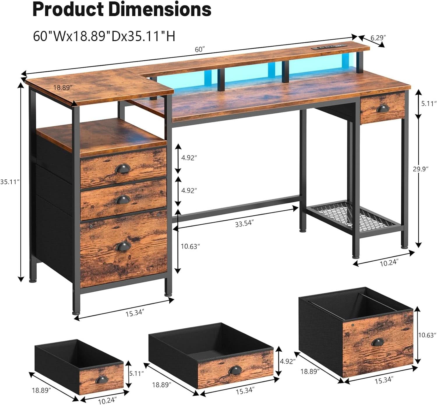 60 Inch Computer Desk With Storage Drawers And LED Lights