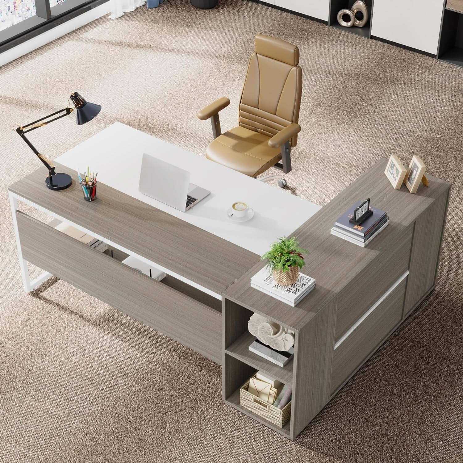 71 Inch Executive L Shaped Desk Cabinets Gray And White
