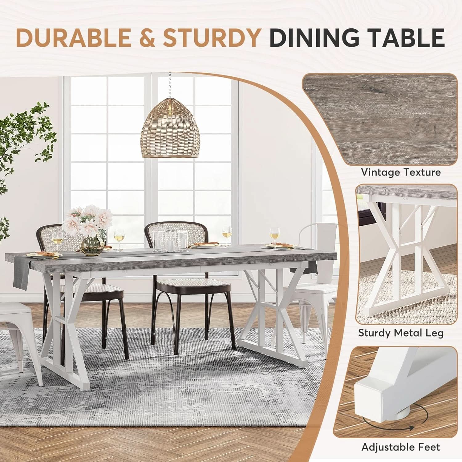 Farmhouse 6 Person Dining Table 70.8 Inch Grey Wood Table