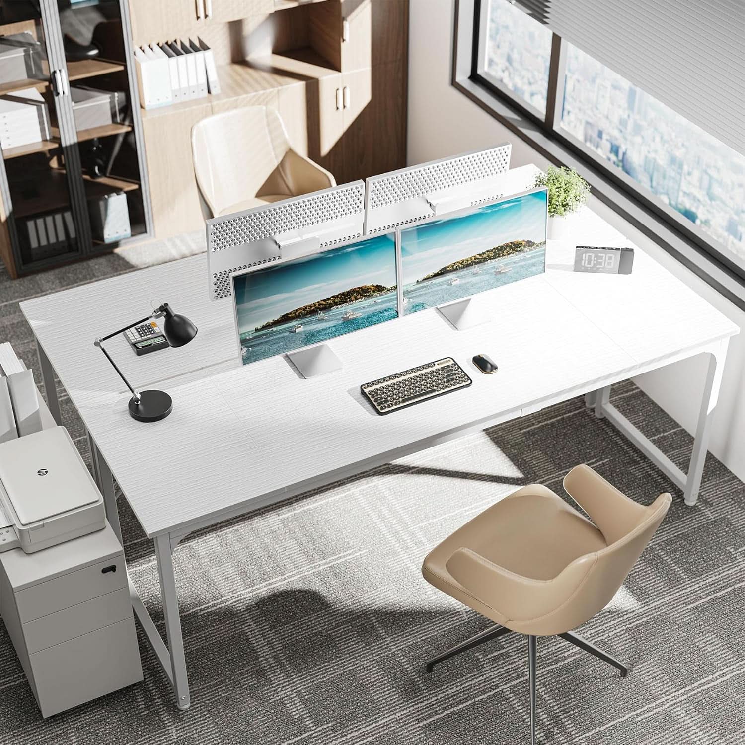 80 Inch White Computer Desk With Storage Metal Frame