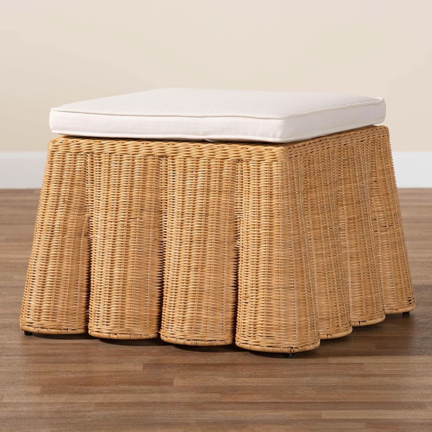 Honey Bohemian Scallop Rattan Ottoman Plush Cushion