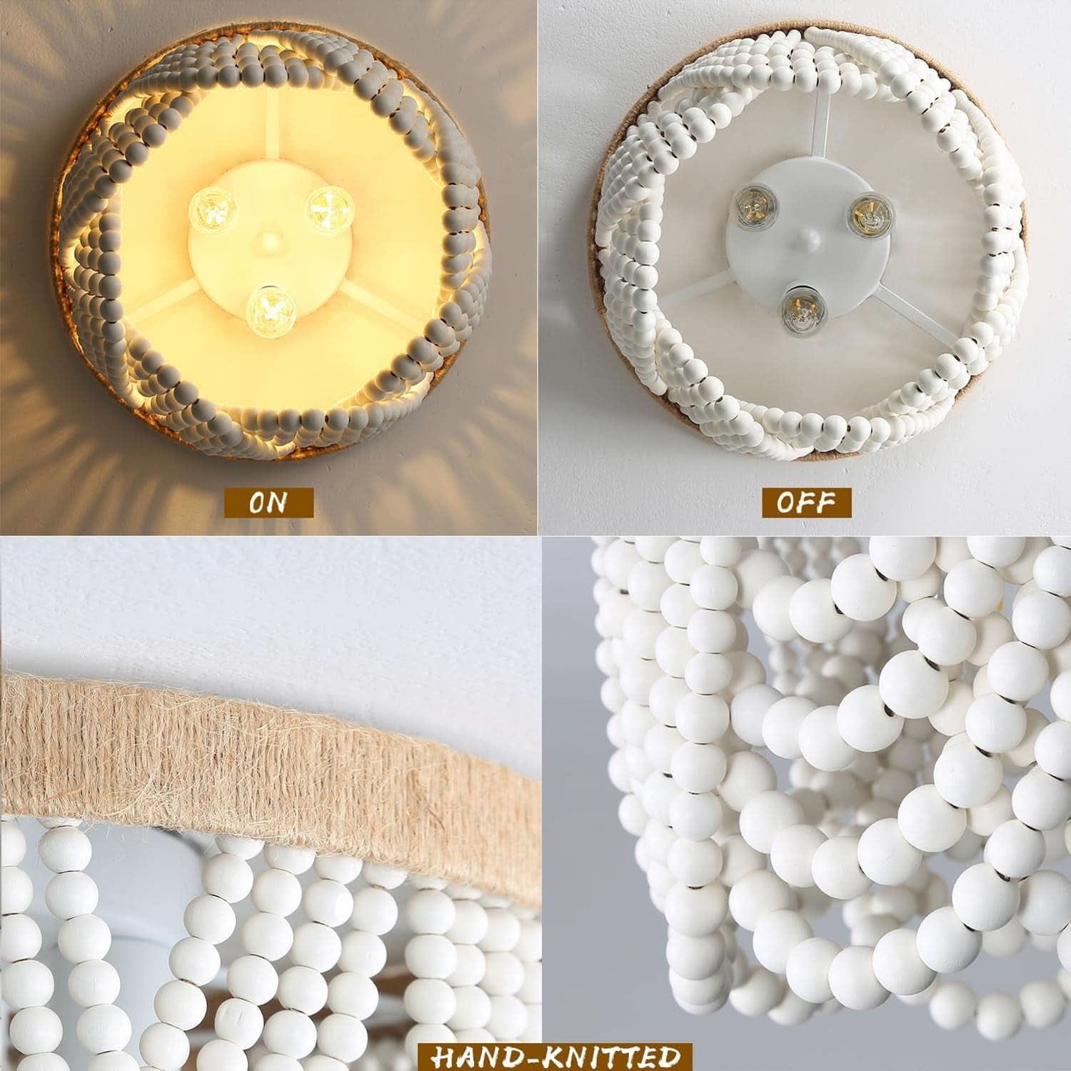 Three Light White Wood Bead Bohemian Chandelier Handmade
