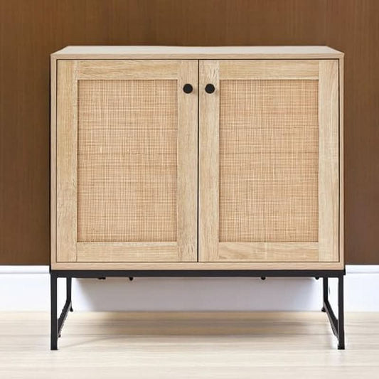 Two Door Rattan Storage Cabinet Natural Finish With Non Scratch Foot Pads For Living Room Hallway Kitchen