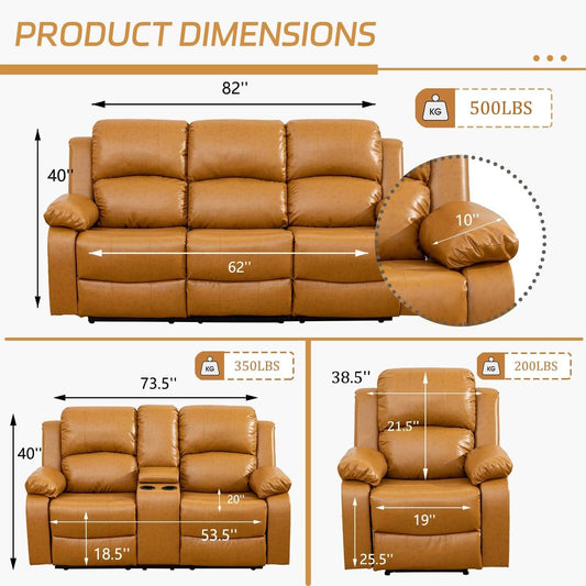 Manual Recliner Sofa Set Ginger Leather With Cup Holder