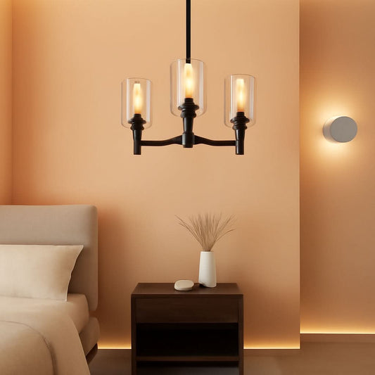 Three Light Black Glass Chandelier For Dining Room And Entryway With Glass Shade