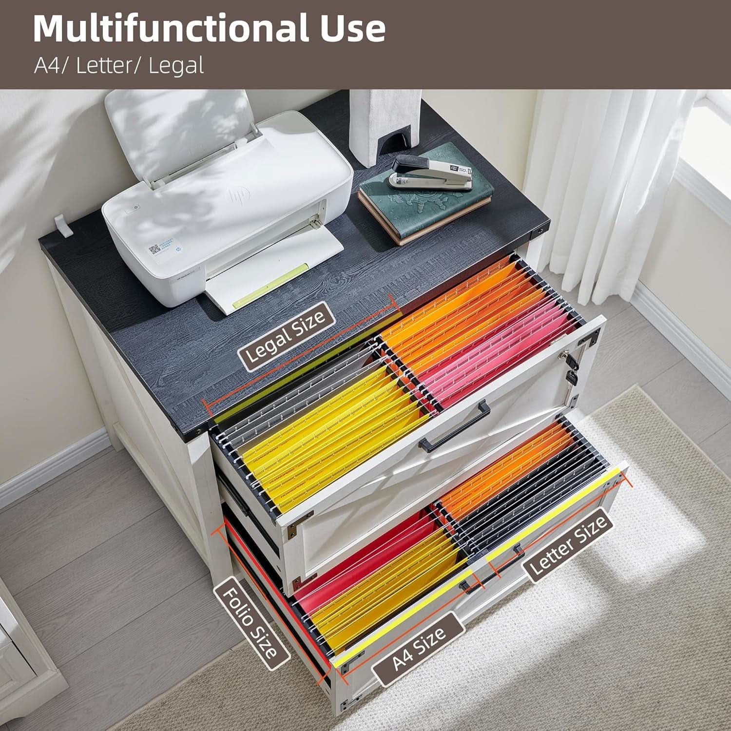 White Farmhouse Lateral File Cabinet With 2 Drawers