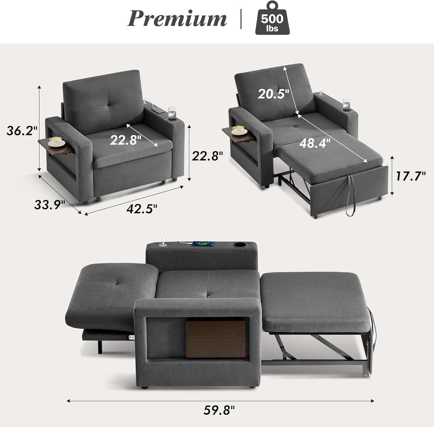 3 In 1 Sleeper Sofa Chair Bed With USB Ports