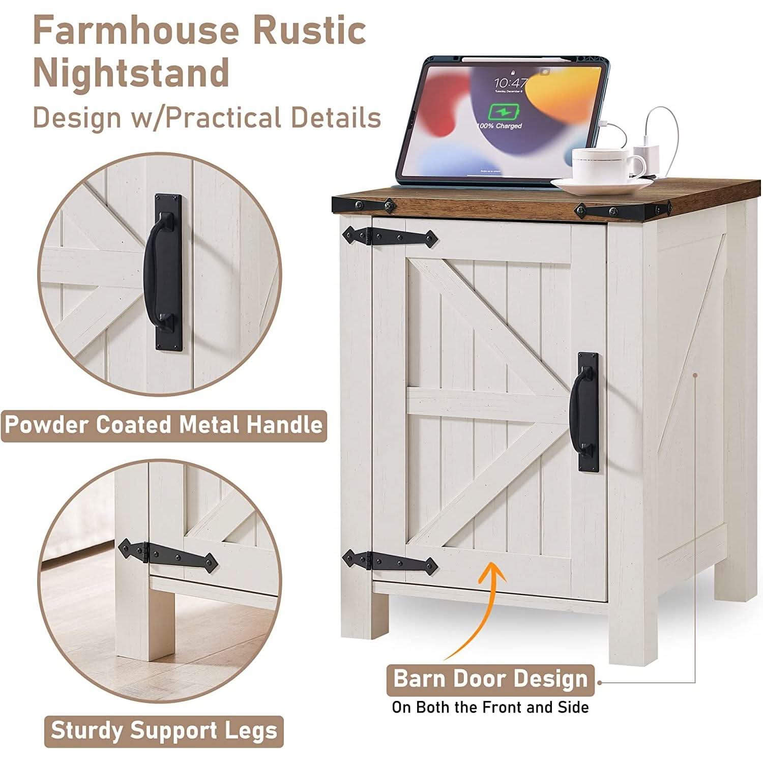 Farmhouse Nightstand With Charging Station Antique Finish