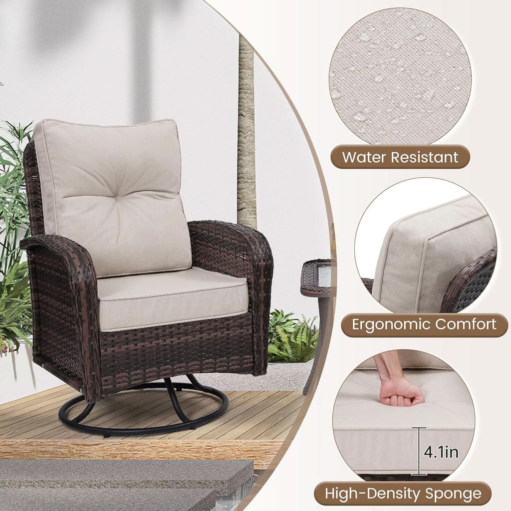Two Outdoor Swivel Wicker Glider Patio Chairs With Table Set Brown Rattan And Beige Cushions