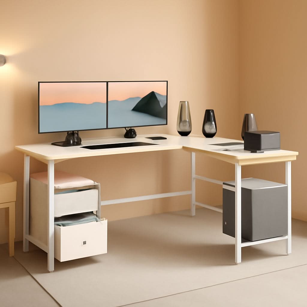 66 Inch L Shaped Desk With Power Outlet And White Finish File Drawer