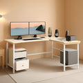 66 Inch L Shaped Desk With Power Outlet And White Finish File Drawer