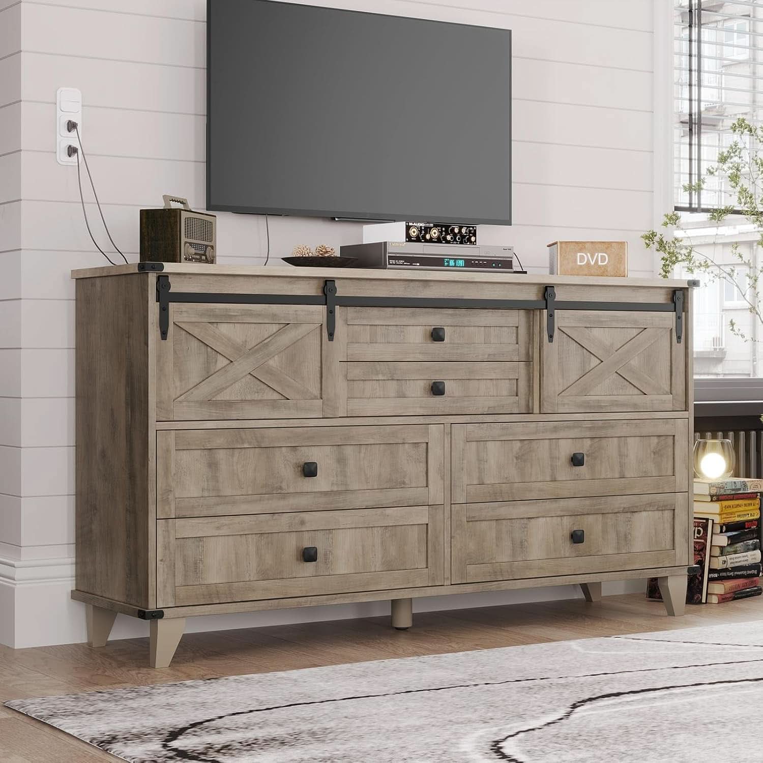 Six Drawer Dresser Rustic Oakwood Sliding BarnDoor