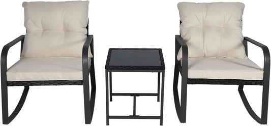 Three Piece Patio Bistro Set With Rocking Chairs And Cushions Beige Outdoor Garden Furniture