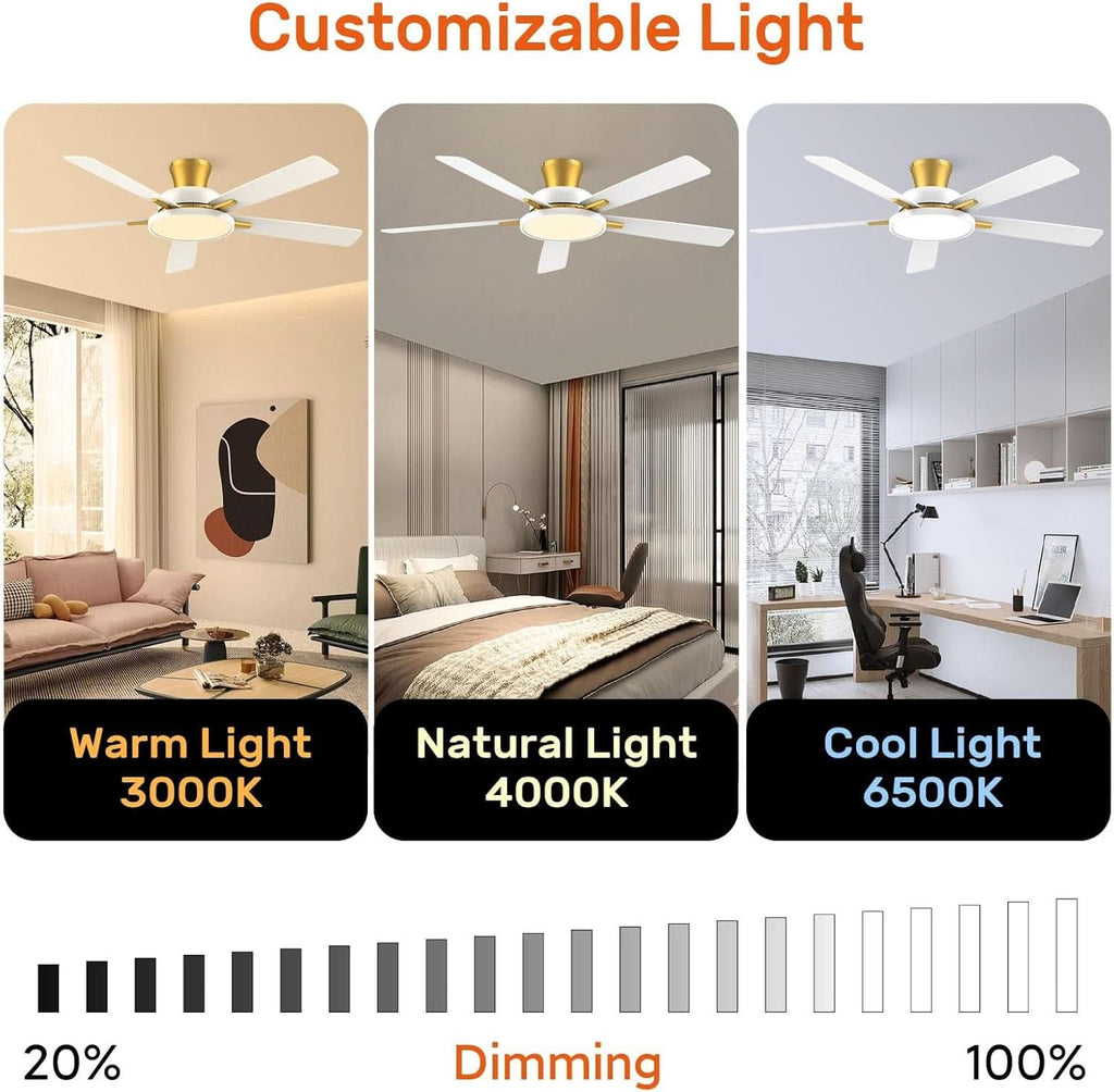 52 Inch Ceiling Fan With Remote Dimmable Lights White Gold