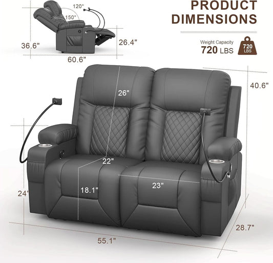 Gray PU Leather Two Seater Recliner Loveseat With USB Ports